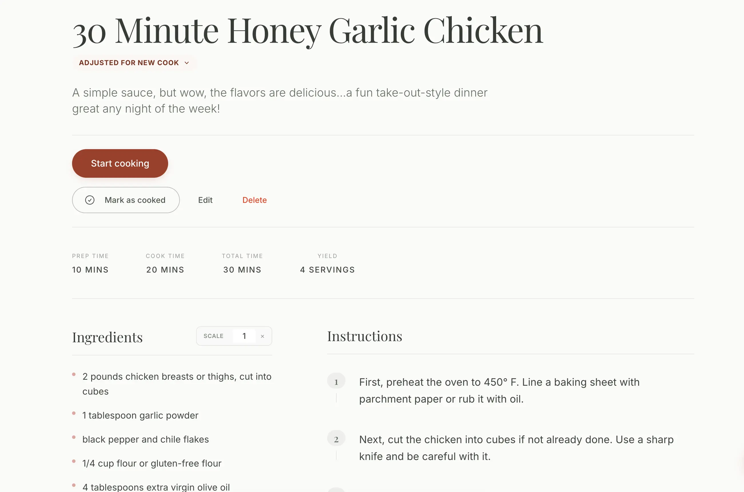 Cotta recipe view with ingredients and instructions
