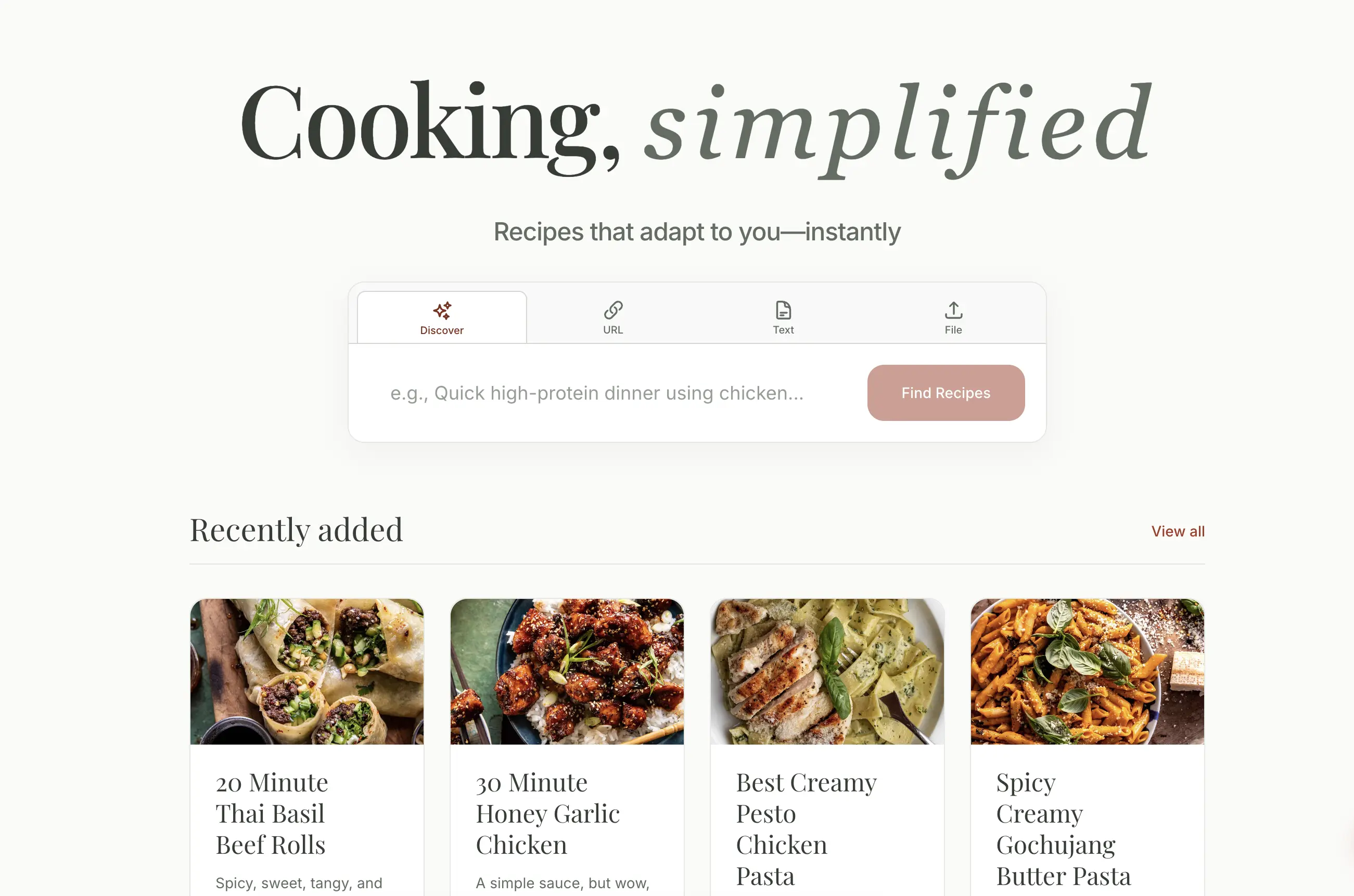 Cotta home: type what you want to cook, or import from a URL or text